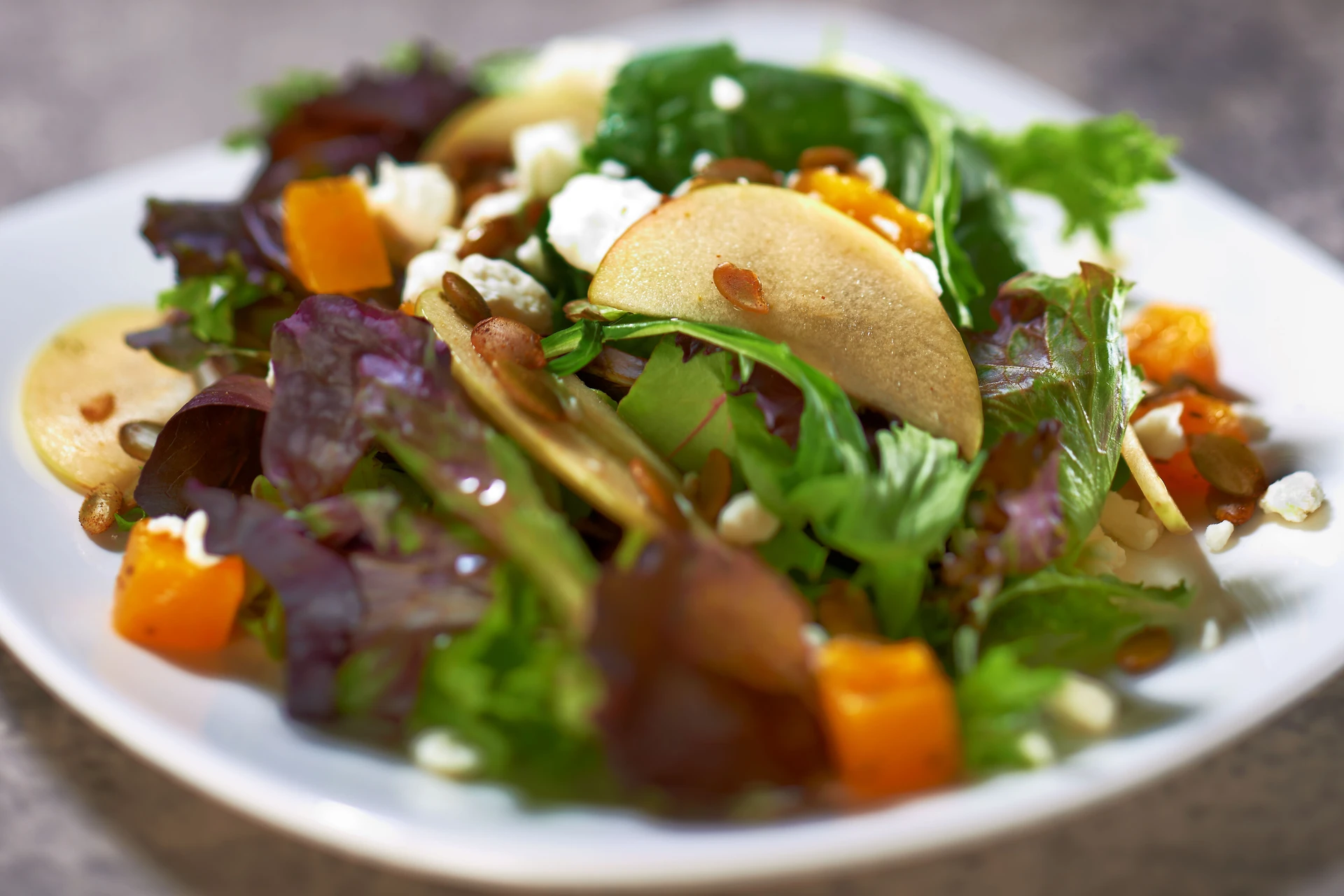 Blend of Baby Lettuces, Pickled Apples, Roasted Butternut Squash, Goat Cheese, and Spiced Pepitas
